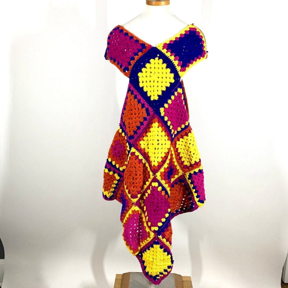 Vintage Handmade Chunky Knit Granny Square Crochet Dress Sz M